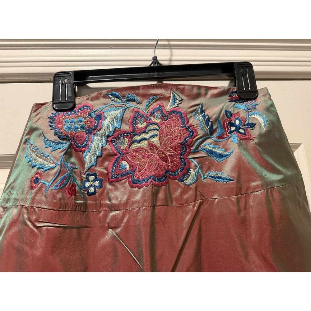 Vtg 90s Y2K Free People Silk Floral Embroidered Iridescent Midi Bussell Skirt - Picture 8 of 11